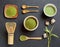 Green matcha tea drink and tea accessories