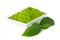 Green matcha tea powder with tealeaves on white