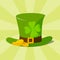 Green material leprechaun hat with brown leather band emblazoned with gold shamrock and buckle vector illustration.