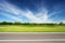 Green meadow with trees and asphalt road