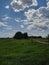 Green meadow under blue sky with clouds Kamen-na-Obi, Altai, Russia. Vertical