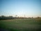 Green meadow with utility poles. Countryside landscape.