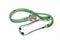 Green medical stethoscope on a white background