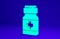 Green Medicine bottle and pills icon isolated on blue background. Medical drug package for tablet, vitamin, antibiotic