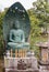 Green meditating Buddha statue at Kurodani Buddhist temple.