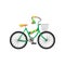 Green metal kid bicycle with yellow seat and front basket