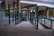 Green metal railings along ramp in 60s development