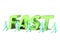 Green metallic italic fast word lettering with running cartoon men