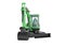 Green mini tracked excavator with turned cab to the left 3d render on white background no shadow