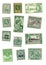 Green mint vintage postage stamps from around the globe.