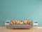 Green mint wall with sofa & sideboard on wood floor