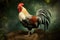 green misty background Majestic rooster on rock