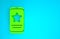 Green Mobile phone with review rating icon isolated on blue background. Concept of testimonials messages, notifications