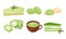 Green Mochi Cakes and Sweet Pastry with Tea Poured in Cup Vector Set