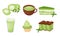 Green Mochi Cakes and Sweet Pastry with Tea Poured in Cup Vector Set