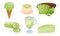 Green Mochi Cakes and Sweet Pastry with Tea Poured in Glass Vector Set