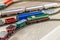 Green model diesel engine pull freight train