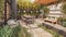 Green modern patio garden and backyard with BBQ, generative ai illustration