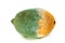 Green moldy lemon citrus fruit isolated. Damaged food.