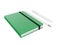 Green moleskine or notebook with pen and pencil and a black strap front or top view isolated on a white background 3d rendering