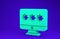 Green Monitor with password notification icon isolated on blue background. Security, personal access, user authorization