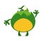 Green monster frog waving kids cartoon.