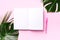 Green monstera, palm leaves, coconut, notebooks over pink background. Female blog writer workspace, back to school concept. Flat