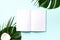 Green monstera, palm leaves, coconut, notebooks over pink background. Female blog writer workspace, back to school concept. Flat