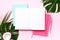 Green monstera, palm leaves, coconut, notebooks over pink background. Female blog writer workspace concept. Flat lay. Top view