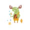 Green Moose Wearing Uellow Pants With Suspender Holding A Fallen Leaf Smiling In Autumn Standing Upright Humanized