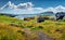 Green morning view of typical turf-top houses. Wonderful summer scene of outskirts of Torshavn city,