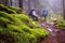 Green moss on hiking trail wild forest,