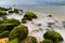 Green mossy seashore stones, green algea, white blur wave, Long exposure photo.