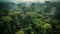 Green mountain peak rises above misty tropical rainforest landscape generated by AI