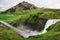 Green mountain view from top of Skogafoss Iceland famous waterfall