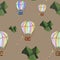 Green mountains and colorful hot air balloons flying around in sky. Summer, travel, tourism, kids, passport, seamless pattern. Pri