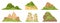 Green mountains set. Cartoon hill tops, mountain green peak and rocky range, nature landscape mountain silhouettes flat vector