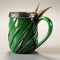 Green Mug With Feathers: Zbrush Style, Medieval-inspired, Surrealistic Elements