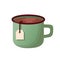 Green mug of tea with teabag illustration. Aluminum mug scandinavian minimalism style. Flat cartoon style.