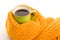 Green mug wrapped yellow scarf