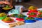 Green nama in plates at the local market, Fiji. With selective focus