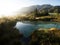 Green nature landscape panorama at idyllic clear blue spring Zelenci lake pond near Kranjska Gora Julian Alps Slovenia