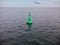 Green Navigational buoy in sea with clouds