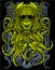 Green neon colour Cybernetic octopus monster with vintage sacred geometry background