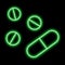 Green neon contour of three tablets and capsule on a black background