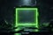 A green neon sign is lit up in a dark room. The sign is surrounded by rocks and rubble, giving the impression of a desolate,