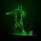 Green Neon soccer striker. Football player hits the ball in the dark under the rain