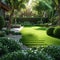 Green oasis Landscaping beautifies the yard with lush trees and lawn