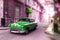Green, old american classical car in road of old Havana Cuba
