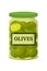 Green olives in glass jar flat vector illustration